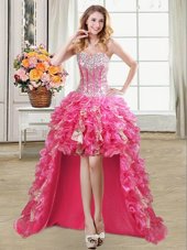 Dynamic Hot Pink Organza Lace Up Homecoming Dress Sleeveless High Low Beading and Ruffles and Sequins