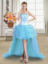 Perfect High Low Lace Up Celebrity Inspired Dress Light Blue and In for Prom and Party with Beading and Appliques and Ruffles