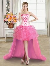 Edgy Organza Strapless Sleeveless Lace Up Beading and Appliques and Ruffles Homecoming Party Dress in Rose Pink