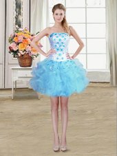 Hot Selling Baby Blue Ball Gowns Strapless Sleeveless Organza Mini Length Lace Up Beading and Appliques and Ruffles Cocktail Dresses