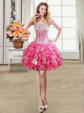 Perfect Hot Pink Organza Lace Up Party Dress for Girls Sleeveless Mini Length Beading and Ruffles and Sequins