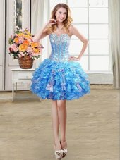 Affordable Sleeveless Organza Mini Length Lace Up Party Dress for Toddlers in Baby Blue for with Beading and Ruffles and Sequins