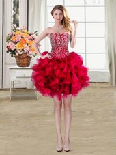 Spectacular Red Sleeveless Mini Length Beading and Ruffles Lace Up Cocktail Dresses