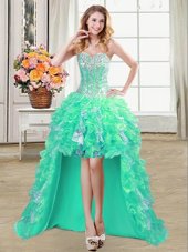 Edgy Turquoise A-line Ruffles and Sequins Prom Party Dress Lace Up Organza Sleeveless High Low