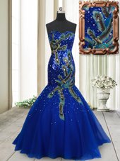 Fashionable Mermaid Blue Lace Up Sweetheart Beading and Appliques and Sequins Prom Evening Gown Tulle Sleeveless Brush Train