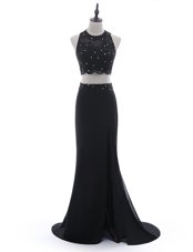 Simple Scoop Black Two Pieces Beading and Lace Dress for Prom Side Zipper Chiffon Sleeveless With Train