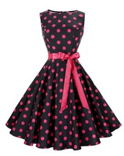 Modern Scoop Knee Length Red And Black Casual Dresses Chiffon Sleeveless Sashes|ribbons and Pattern