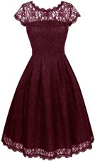 High Class Scalloped Tea Length A-line Short Sleeves Burgundy Party Dress for Toddlers Zipper