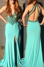 With Train Turquoise Dress for Prom V-neck Sleeveless Sweep Train Backless