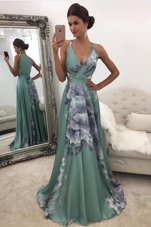 Green Chiffon and Printed Zipper Homecoming Dress Sleeveless With Train Sweep Train Pattern