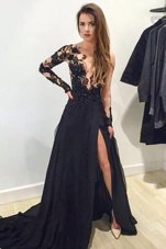 Elegant Long Sleeves Tulle Brush Train Zipper Prom Party Dress in Black for with Lace and Appliques