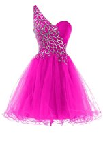 Custom Fit One Shoulder Sleeveless Zipper Cocktail Dress Fuchsia Organza