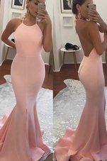 High End Mermaid Sleeveless Sweep Train Beading Backless Prom Dress