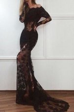 Glamorous Black Mermaid Off The Shoulder Long Sleeves Lace With Train Court Train Zipper Lace Prom Evening Gown