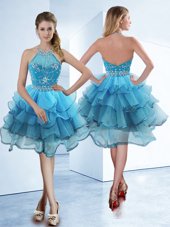 Most Popular Halter Top Sleeveless Beading and Ruffled Layers Zipper Teens Party Dress