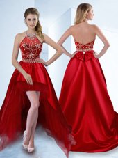 Luxury Red Zipper Halter Top Beading Cocktail Dresses Satin Sleeveless