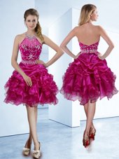 Sumptuous Halter Top Fuchsia Organza Zipper Cocktail Dress Sleeveless Knee Length Beading and Ruffles and Pick Ups