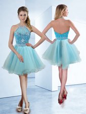 Light Blue A-line Halter Top Sleeveless Organza Knee Length Zipper Beading Cocktail Dress