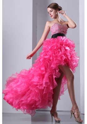 Hot Pink A-line Sweetheart High-low Organza Beading Prom Dress