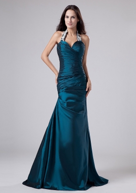 Modest Halter Turquoise Prom Dress With Appliques and Ruch With Taffeta In 2013