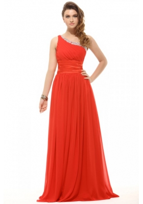 2014 Empire One Shoulder Chiffon Beading and Ruching Red Prom Dress