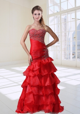 Mermaid Red Party Sexy Beaded Sweetheart Organza Floor-length Prom Dress with Ruffles