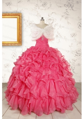 2015 Pretty Beading and Ruffles Hot Pink Quinceanera Dresses with Strapless