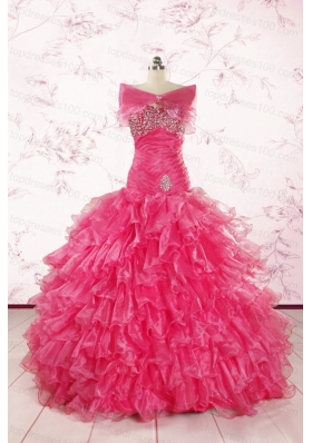 2015 Sweetheart Sequins Ruffles Unique Hot Pink Quinceanera Dresses