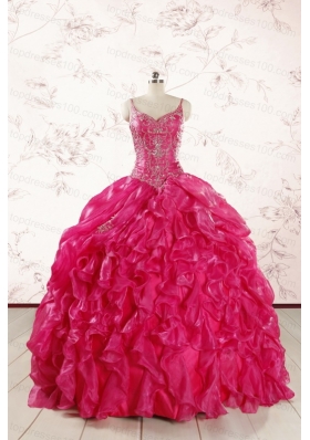 2015 Unique Beading Hot Pink Quinceanera Dresses with Spaghetti Straps