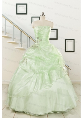 2015 Cheap Beading Strapless Yellow Green Quinceanera Gowns