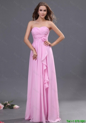 Modest Ruching and Hand Made Flower Prom Dress in Rose Pink