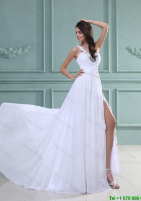 New Arrivals White Brush Train Prom Dresses with High Slit