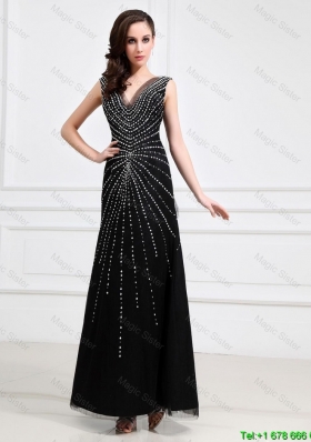 Popular Empire V Neck Beaded Backless Prom Dresses in Black