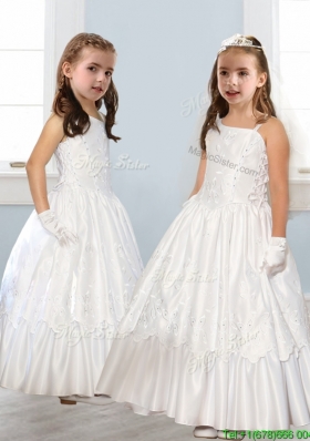 Discount Asymmetrical Neckline White Flower Girl Dress with Appliques