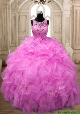 See Through Scoop Hot Pink Sweet 16 Dress with Beading and Ruffles