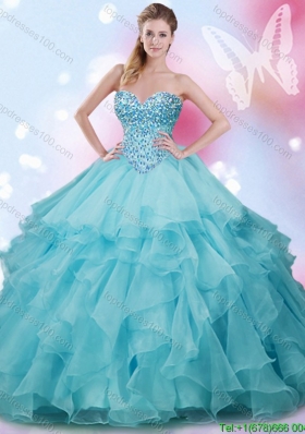 Elegant Ruffled and Beaded Baby Blue Quinceanera Dress in Organza