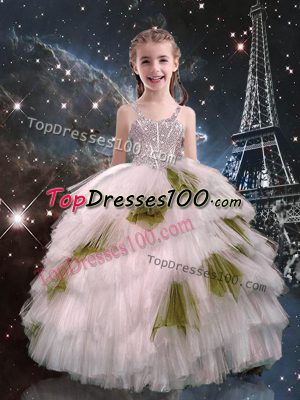 Lovely White Pageant Gowns For Girls Quinceanera and Wedding Party with Beading and Ruffled Layers Straps Sleeveless Lace Up