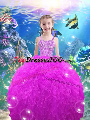 Enchanting Fuchsia Ball Gowns Organza Straps Sleeveless Beading and Ruffles Floor Length Lace Up Little Girl Pageant Dress