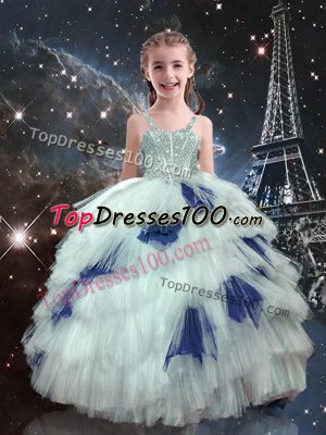 Sleeveless Floor Length Beading and Ruffled Layers Lace Up Little Girl Pageant Gowns with White