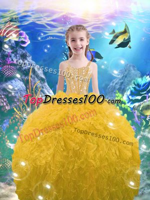 Top Selling Organza Straps Sleeveless Lace Up Beading and Ruffles Little Girl Pageant Gowns in Gold