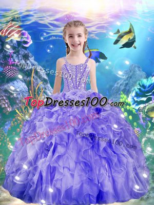 Fancy Purple Organza Lace Up Straps Sleeveless Floor Length Girls Pageant Dresses Beading and Ruffles
