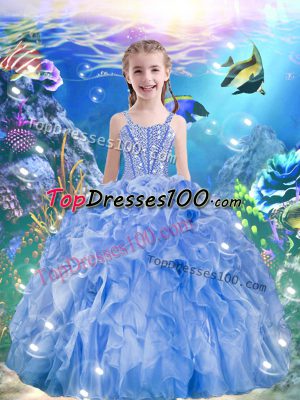 Floor Length Light Blue Kids Pageant Dress Straps Sleeveless Lace Up
