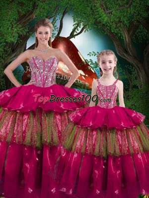 Unique Fuchsia Sweetheart Lace Up Beading and Ruffled Layers 15 Quinceanera Dress Sleeveless