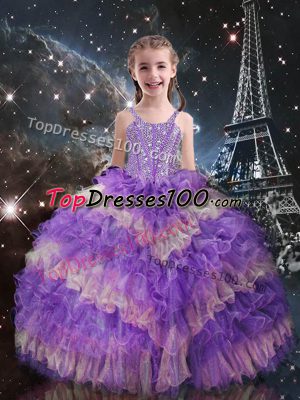 Lilac Ball Gowns Organza Straps Sleeveless Beading and Ruffled Layers Floor Length Lace Up Little Girls Pageant Dress Wholesale