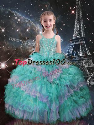 Gorgeous Floor Length Ball Gowns Sleeveless Turquoise Kids Formal Wear Lace Up