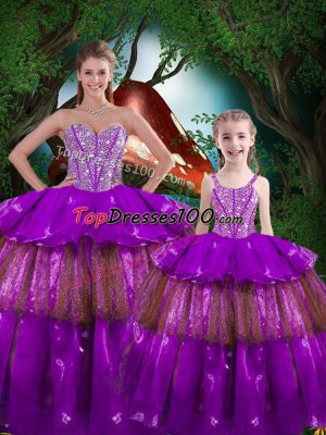 Nice Purple Sweetheart Neckline Beading and Ruffled Layers 15th Birthday Dress Sleeveless Lace Up
