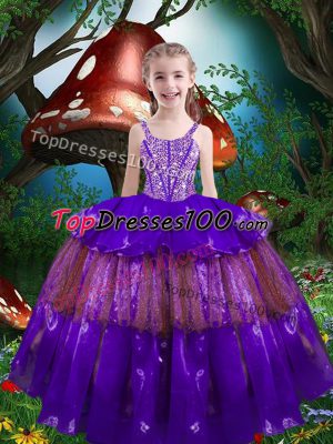 On Sale Purple Lace Up Little Girl Pageant Gowns Beading and Ruffled Layers Sleeveless Floor Length