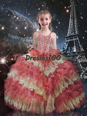 Fashionable Short Sleeves Floor Length Beading and Ruffled Layers Lace Up Little Girls Pageant Dress with Watermelon Red