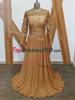 Pretty Brown Zipper Mother Dresses Lace Long Sleeves Brush Train