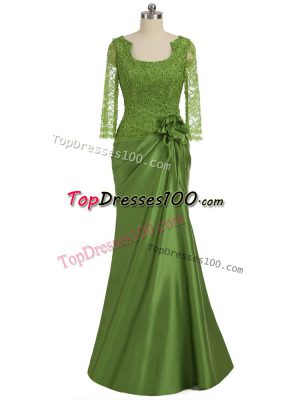 Colorful Olive Green Elastic Woven Satin Zipper Scoop Long Sleeves Floor Length Mother Dresses Lace and Appliques and Hand Made Flower